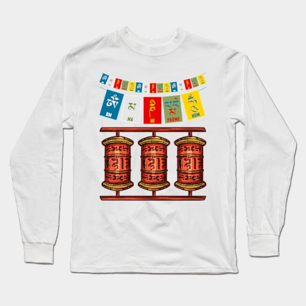 Tibetan Buddhist Prayer Flags Prayer Wheels and Mantras Long Sleeve T-Shirt by TammyWinandArt